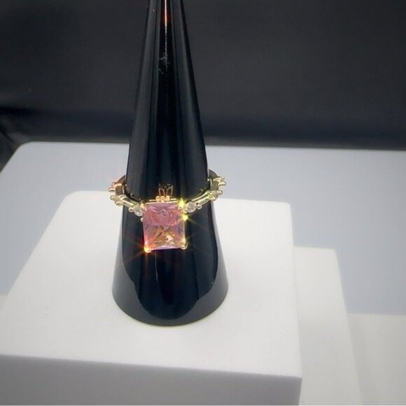 Pink CZ Princess Cut Gold Plated Brass Ring size 5-12 - Picture 7 of 13